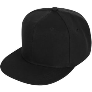A black 6 panel trucker cap featuring a flat brim and an adjustable strap at the back. It has a logo on the front.