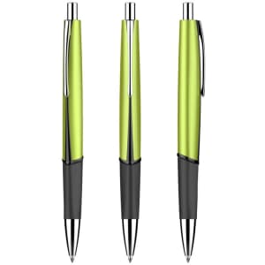 Three plastic pens with a vibrant green barrel and black grips, featuring silver accents and a clip.
