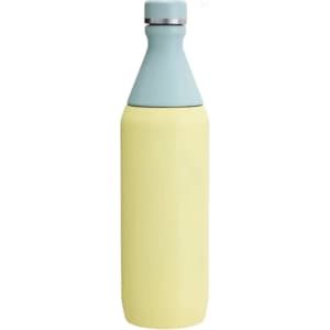 A drink bottle in pastel yellow with a light blue top, featuring a logo. It has a slim, double wall design.