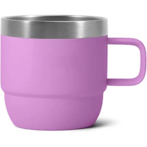 A stackable stainless steel mug in a vibrant purple colour with a brushed stainless steel rim and handle.