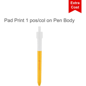 A yellow and white pen with a transparent tip, featuring a logo on the body.