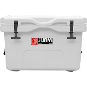A 25L cooler box in white with black handles and a logo on the front.