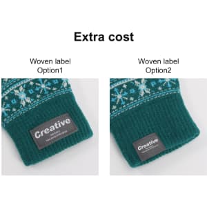 A pair of kids' jacquard gloves in teal, featuring a woven label and colourful patterned design.