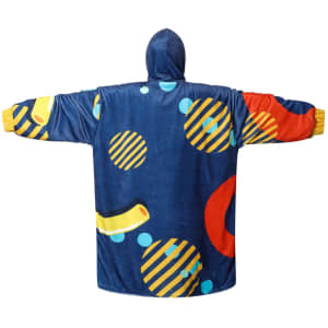 A colourful unisex wearable blanket featuring blue, yellow, and red designs with a hood and absorbent lining.