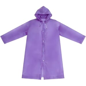 A purple reusable PEVA raincoat with a hood, featuring a button front and long sleeves. It has a logo on it.