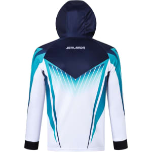 A hooded jacket in navy and white with turquoise graphic design, featuring a logo on the back.