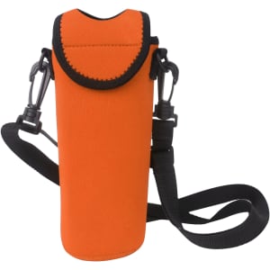 A drink bottle cooler in bright orange with a black strap and logo. Features a secure lid and durable design.