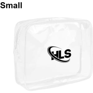 A transparent toiletry bag featuring a logo, with a rectangular shape and zip closure.