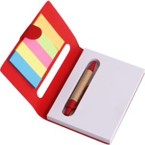 A red and white sticky notes holder featuring vibrant multi-coloured sticky notes and a marker.