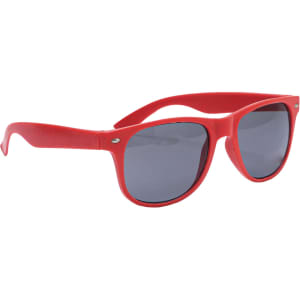 Red sunglasses made from wheat straw with dark lenses, featuring a logo on the side.
