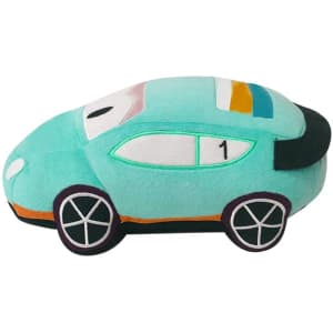 A plush toy in the shape of a teal car with colourful accents and a logo on the side.