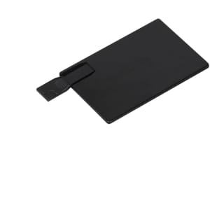 A black, credit card-sized flash drive with a sliding connector for easy use. It features a branding logo.