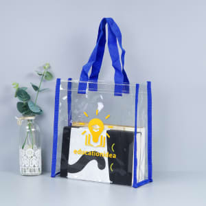 A clear tote bag with blue handles, containing a notebook and a book, displayed next to a small plant.
