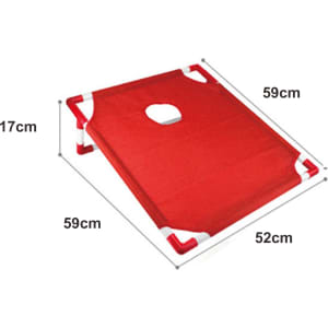 A red portable cornhole game board with a hole in the centre, featuring white edges and measuring 59cm by 52cm.