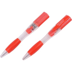 A ballpoint pen flash drive in a clear and red design, featuring a branding logo.