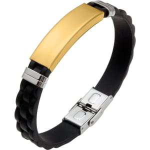 A bracelet featuring a gold stainless steel buckle latch and a black rubber band, with a shiny finish and a logo.