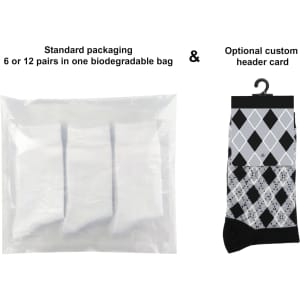 A package of custom pattern woven bamboo socks with a black and grey argyle design, featuring biodegradable packaging.