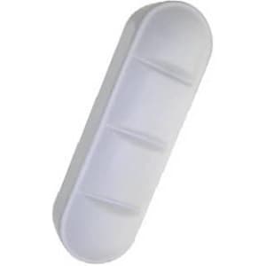 A large, white tablet-shaped stress reliever with three horizontal grooves, featuring a logo.