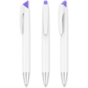 A set of three gray pens with white bodies and purple accents, featuring a clip and a logo on each pen.