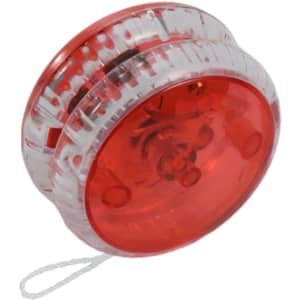 A red yoyo with a transparent casing, featuring an internal light mechanism. It has a string attached for use.