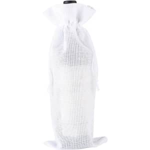 A wine drawstring bag in white, designed to hold a wine bottle, featuring a drawstring closure and fine mesh texture.