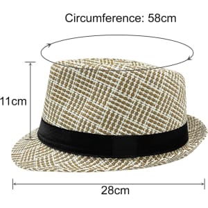 A breathable woven straw hat in tan and white with a black band, featuring measurements for size and dimensions.