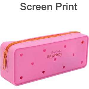 A pink silicone pencil case with heart-shaped holes and a zip closure, featuring a logo on the side.