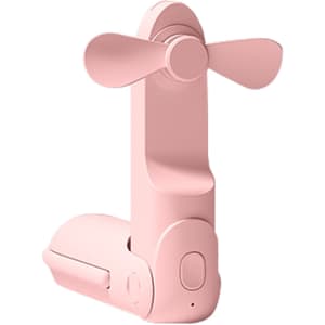 A pink USB handheld mini fan with a flashlight, featuring a compact design and a small base.
