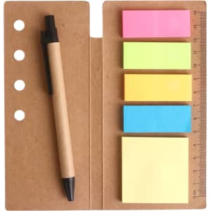 A Ruler Sticky Note Pad with a pen, featuring pink, yellow, green, and blue sticky notes on a brown cover.