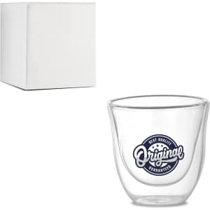 A double wall glass featuring a circular logo design, accompanied by a plain white box.