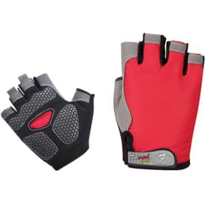 Anti-slip bike gloves in red, grey, and black with padded palms and an ergonomic design, featuring a logo.