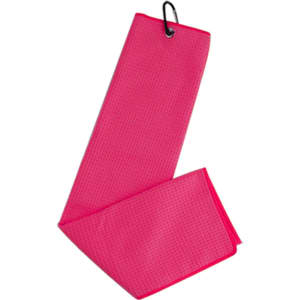 A pink waffle golf towel with a clip for easy attachment, featuring a textured surface.