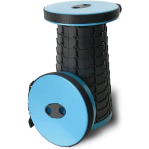 A blue and black telescopic stool with a round top and base, featuring a cylindrical woven design.