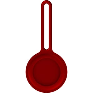 A red Air Tag protective case with a hanging loop, designed to secure and protect the device.