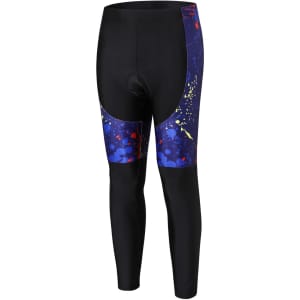 Men's sublimated cycling tights in black with blue and multi-coloured splatter details, featuring a logo.