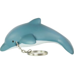 A teal dolphin-shaped stress reliever with a keyring attached. Features a smooth, contoured design.
