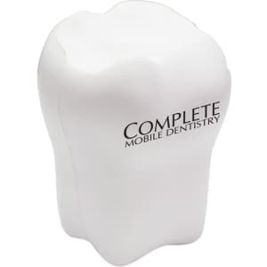 A white tooth-shaped stress reliever with a branding logo, designed as a fun stress keyring.