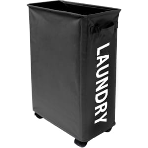 A black laundry basket with wheels, featuring the word "LAUNDRY" printed on the side. It has handles for easy movement.