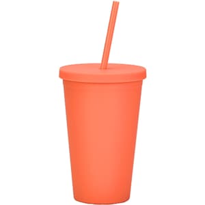 A matte orange plastic cup with a lid and straw, designed for drinkware use. Includes a logo.