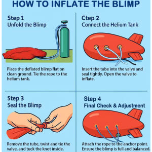 A step-by-step guide for inflating a red inflatable blimp, featuring illustrations for each stage.