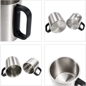 A stainless steel insulated mug in silver with a black plastic handle, showing interior and exterior views.