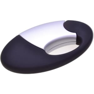 An oval-shaped flash drive featuring a black and silver design. It has a logo displayed on its surface.