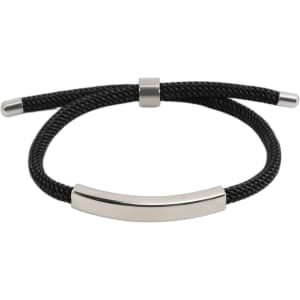 A metal woven bracelet featuring a sleek silver bar and a black woven band, finished with metallic ends.
