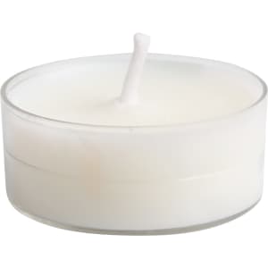 A tealight candle in a clear glass holder, featuring a bright white candle wax. Suitable for home décor.