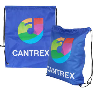 Two blue polyester drawstring bags with a logo prominently displayed on each.