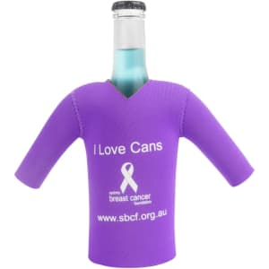 A drink bottle cooler in purple resembling a cricket jersey, featuring short sleeves and a logo.