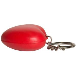 A red heart-shaped stress reliever attached to a keyring, made of soft material.