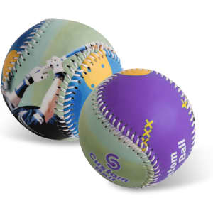 Two promotional baseballs featuring a combination of blue, purple, and green colours, with custom branding.