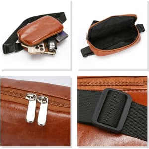 A brown polyurethane fanny pack with an adjustable strap, featuring multiple compartments and a sleek zipper closure.