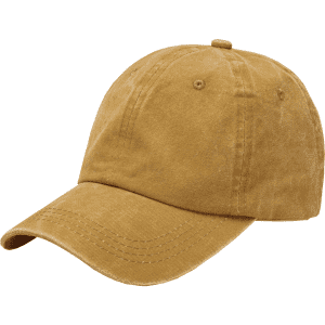 A vintage washed baseball cap in a warm, mustard hue with stitching details and an adjustable strap at the back.